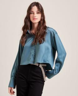 Chemise courte en tissu satiné Femme - Couleur bleu - Taille M - Blouse et Chemise Femme - PIMKIE