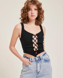 Top corset avec laçage Femme - Couleur noir - Taille 34 - Blouse et Chemise Femme - PIMKIE