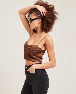 Top bénitier satiné Femme - Couleur marron - Taille L - T-shirt et Top Femme - PIMKIE