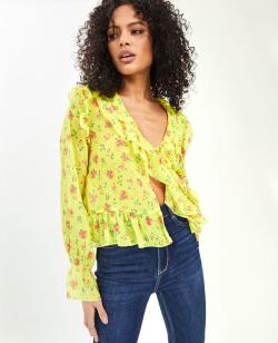 Blouse avec nouette et volants Femme - Couleur jaune - Taille L - Blouse et Chemise Femme - PIMKIE