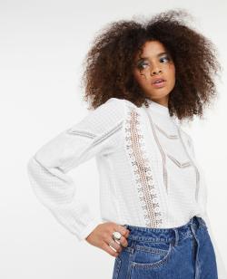 Blouse manches longues broderie et dentelle Femme - Couleur blanc - Taille 42 - Blouse et Chemise Femme - PIMKIE