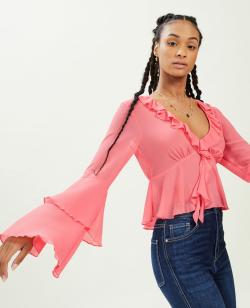 Blouse avec volants en voile Femme - Couleur rose - Taille XL - Chemise et Blouse Femme - PIMKIE