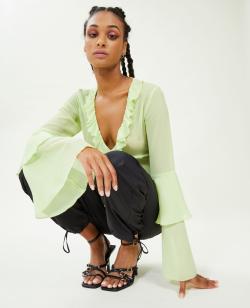 Blouse avec volants en voile Femme - Couleur vert - Taille XS - Chemise et Blouse Femme - PIMKIE