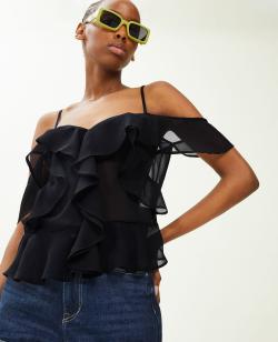 Top avec volants Femme - Couleur noir - Taille 36 - Blouse et Chemise Femme - PIMKIE