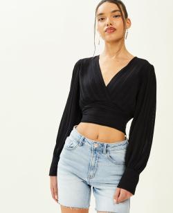 Top effet drapé à manches longues Femme - Couleur noir - Taille 36 - Blouse et Chemise Femme - PIMKIE