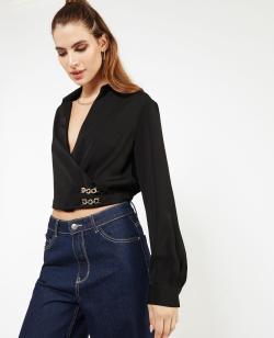 Blouse courte effet cache-cœur Femme - Couleur noir - Taille L - Blouse et Chemise Femme - PIMKIE