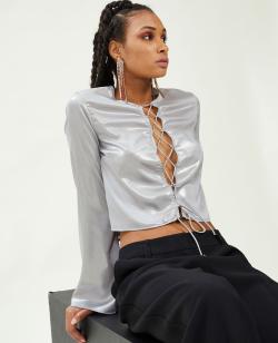 Blouse courte avec lien croisé à nouer Femme - Couleur gris - Taille M - Blouse et Chemise Femme - PIMKIE