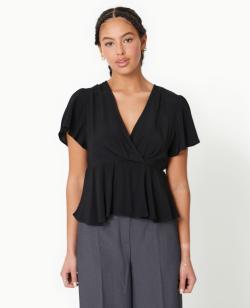 Top cache-cœur avec manches papillons Femme - Couleur noir - Taille M - Chemise et Blouse Femme - PIMKIE