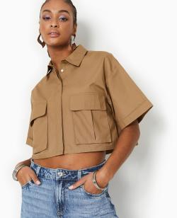 Chemise cropped avec poches plaquées Femme - Couleur marron - Taille M - Chemise et Blouse Femme - PIMKIE