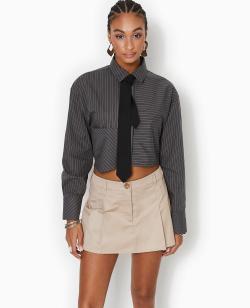 Chemise rayée cropped avec cravate Femme - Couleur gris - Taille L - Chemise et Blouse Femme - PIMKIE