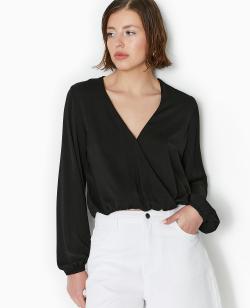 Blouse cache-cœur en tissu satiné Femme - Couleur noir - Taille 38 - Chemise et Blouse Femme - PIMKIE