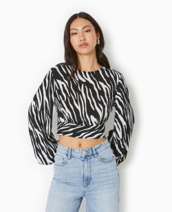 Blouse courte avec découpe dos motif zèbre Femme - Couleur noir - Taille 38 - Chemise et Blouse Femme - PIMKIE