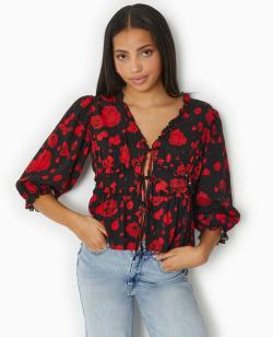 Blouse avec nouettes et volants motif roses Femme - Couleur noir - Taille 38 - Chemise et Blouse Femme - PIMKIE