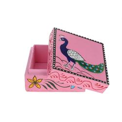 Boîte carrée rose paon en bois