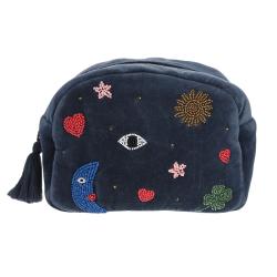 Trousse de toilette en velours bleu perles brodées - La Bonne Aventure