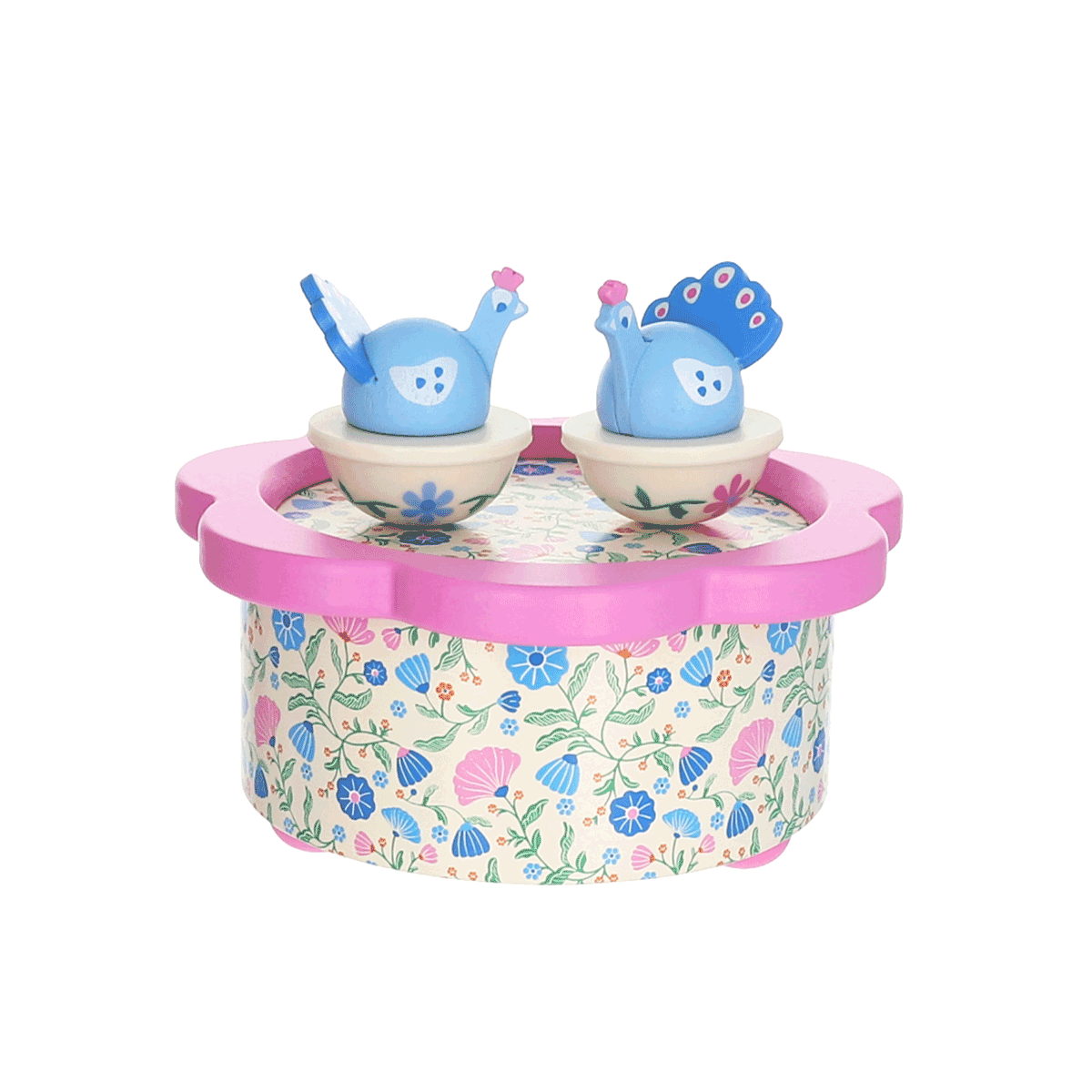 Boîte à musique fleurie rose et bleu - Joli paon
