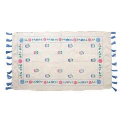 Tapis en coton fleuri bleu et rose à pompons - Joli paon