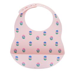 Bavoir en silicone rose fleurs bleues - Joli Paon
