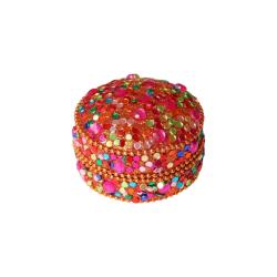 Boîte indienne ronde cuivrée multicolore