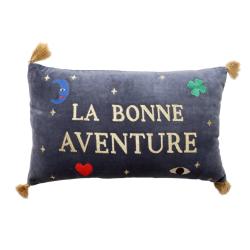 Coussin en velours rectangle brodé bleu et doré - La bonne aventure