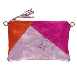 Pochette tricolore en cuir rose orange fuchsia