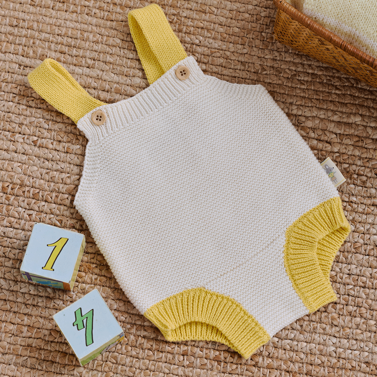 Barboteuse en tricot coton écru et jaune - Petites Souris