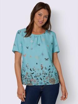Chemisier fronce légère à l'encolure , aigue-marine imprimé, taille 56 - MODA VILONA - Mode Femme et Homme