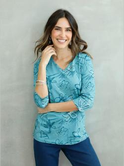 T-shirt fluide imprimé moderne avec touches argentées col en v , océan, taille 52 - MODA VILONA - Mode Femme et Homme