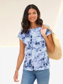 T-shirt imprimé joli aspect batik , écru-bleu tourterelle imprimé, taille 52 - MODA VILONA - Mode Femme et Homme