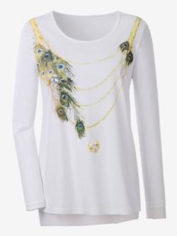T-shirt imprimé motif plumes paon col en u manches longue , blanc cassé imprimé, taille 40 - MODA VILONA - Mode Femme et Homme