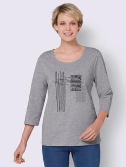 T-shirt à manches 3/4 à encolure ronde - gris pierre-noir chiné - 50 - Moda Vilona