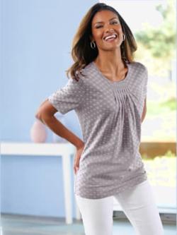 T-shirt à manches courtes plis affinants à l'encolure , gris pierre à motifs, taille 46 - MODA VILONA - Mode Femme et Homme