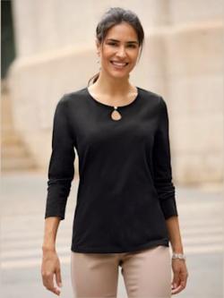 T-shirt à manches longues encolure ronde avec fente en forme de goutte avec bouton , noir, taille 54 - MODA VILONA - Mode Femme et Homme