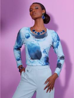 Pull avec viscose , bleu clair-marine imprimé, taille 52 - MODA VILONA - Mode Femme et Homme
