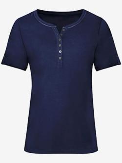T-shirt confortable col rond avec petit v boutonné , marine, taille 46 - MODA VILONA - Mode Femme et Homme