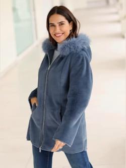 Veste réversible imitation fourrure moelleuse , bleu fumée, taille 46 - MODA VILONA - Mode Femme et Homme