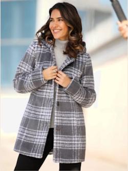 Manteau cintrée à carreaux avec capuche , anthracite-écru à carreaux, taille 50 - MODA VILONA - Mode Femme et Homme