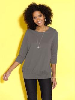 T-shirt long col rond manches 3/4 avec bords-côtes à l'ourlet , gris, taille 46 - MODA VILONA - Mode Femme et Homme