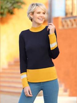 Pull à manches longues col montant chaud , marine-ocre, taille 54 - MODA VILONA - Mode Femme et Homme