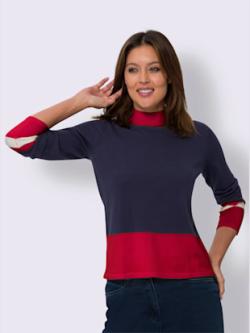 Pull à manches longues col montant chaud , marine-rouge, taille 44 - MODA VILONA - Mode Femme et Homme