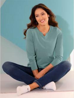 T-shirt à manches longues 60% coton , jade chiné, taille 56 - MODA VILONA - Mode Femme et Homme