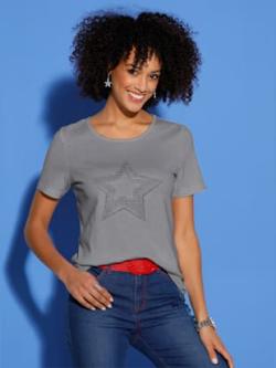 T-shirt à manches courtes imprimé feuille brillant , gris chiné, taille 44 - MODA VILONA - Mode Femme et Homme