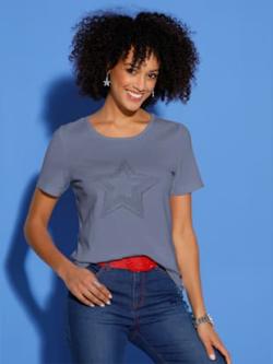 T-shirt à manches courtes imprimé feuille brillant - bleu tourterelle - 48 - Moda Vilona