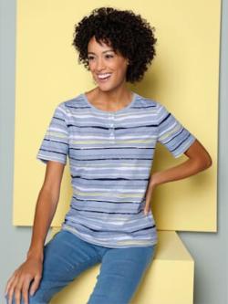 T-shirt à manches courtes patte de boutonnage courte , bleu-blanc imprimé, taille 54 - MODA VILONA - Mode Femme et Homme