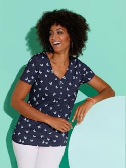 T-shirt fausse patte de boutonnage , bleu nuit imprimé, taille 40 - MODA VILONA - Mode Femme et Homme