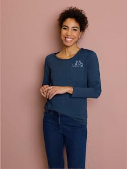 T-shirt à encolure ronde poche poitrine , bleu foncé-bleu jean, taille 46 - MODA VILONA - Mode Femme et Homme