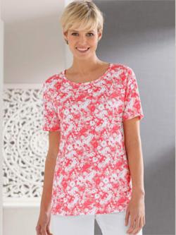 T-shirt en coton fleuri col rond manches courtes , corail imprimé, taille 50 - MODA VILONA - Mode Femme et Homme