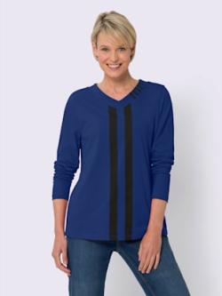 T-shirt à manches longues encolure en v affinante , bleu roi-noir, taille 48 - MODA VILONA - Mode Femme et Homme