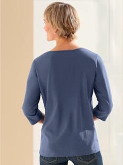 T-shirt col tunisien imprimé ethnique manches 3/4 , bleu jean, taille 46 - MODA VILONA - Mode Femme et Homme