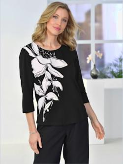 T-shirt à manches 3/4 imprimé floral , noir-blanc, taille 52 - MODA VILONA - Mode Femme et Homme